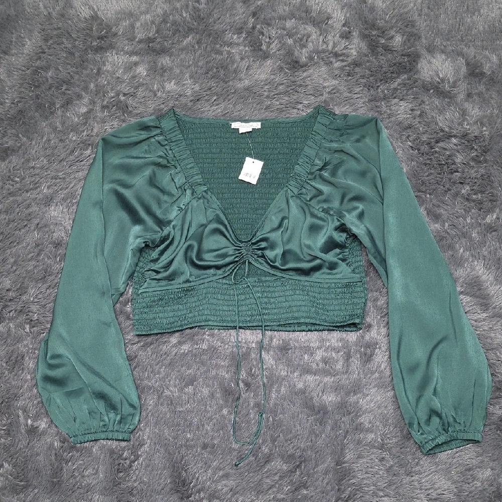 American Eagle Outfitters- Emerald Green Smocked Silky Crop Blouse. Size L. NWT
